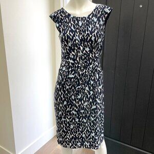 Precis Cap Sleeve Polyester Lined Midi Print Dress Side Ruching Blk Wht Blue 8